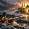 boat anchored to island of light