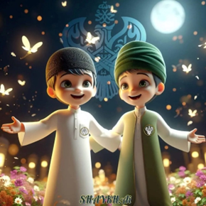 Boys smiling against moonlit night with flowers and butterflies