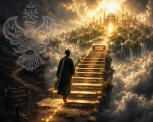 A man in a green robe walks up a glowing staircase toward a magnificent golden paradise surrounded by gardens and waterfalls.