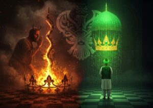 Shaitan whispers near burning crown while man stands before heavenly emanation