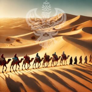 Caravan of camels walking in hot desert
