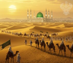 Caravan of followers travel through desert to Medina Sharif