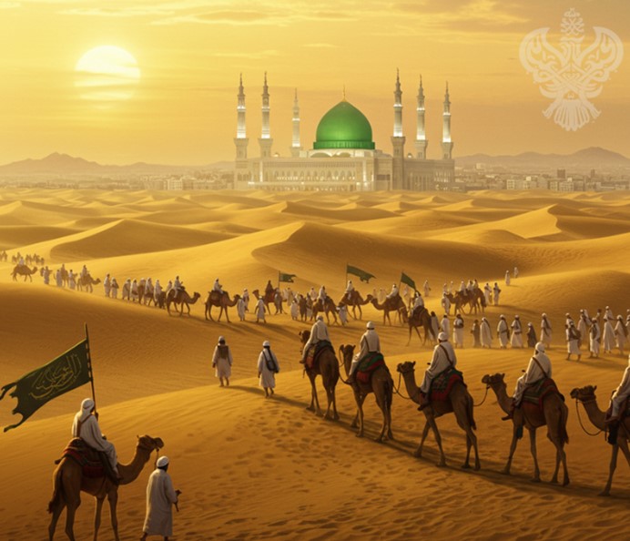Caravan of followers travel through desert to Medina Sharif