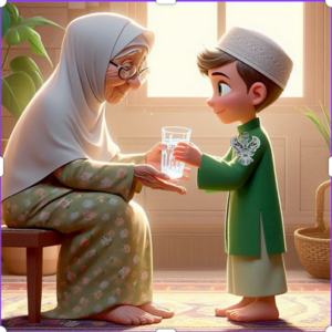 Child gives a glass of water to an old lady