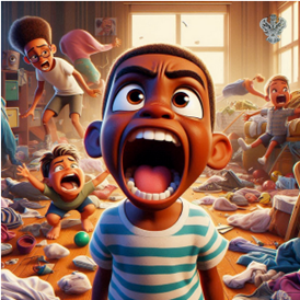 Child screams in messy room