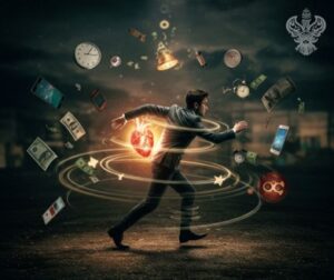 Man surrounded by symbols from the material world