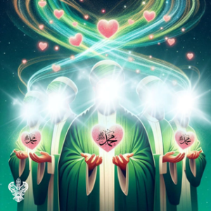 Holy Companions with glowing faces holding Muhammadan hearts