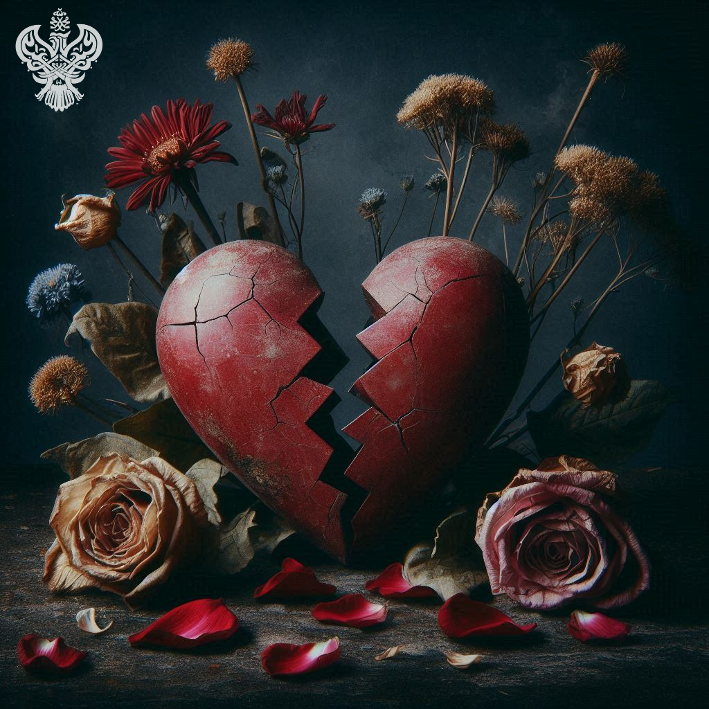 Cracked heart sitting among wilting flowers