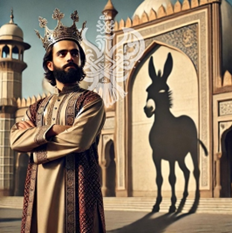 Crowned man standing with a donkey shadow