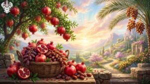 Dates and pomegranates on table and growing on trees
