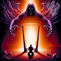 Demon showing empty cup to man