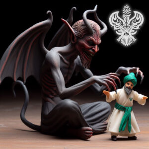 Demon playing with miniature Sufi man