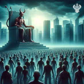 Demon sitting on throne overlooking people