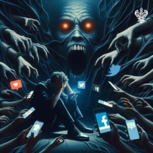 Man with anxiety, depression surrounded by social media demons