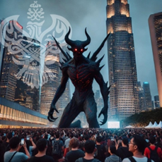 Large demon standing over crowd of people