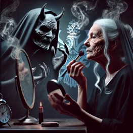 Demon watches old woman put on makeup