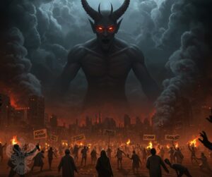 Demon watching over people during destruction