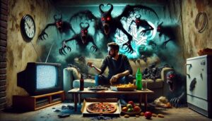 Demons attacking man from behind as he watches TV surrounded by food