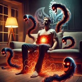 Demons surround man's burning stomach