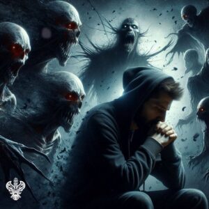 Demons approaching man in dark