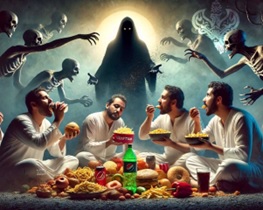 Demons surrounding men eating