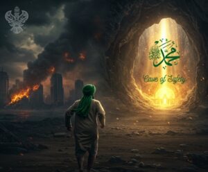 Man running to cave of safety during destruction