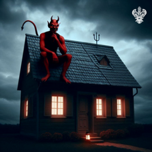 Devil sitting upon the roof of a house