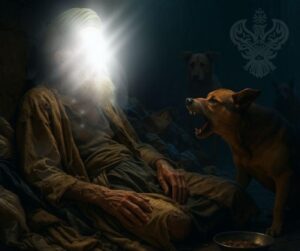 Dog barking at heavenly man