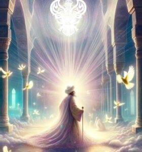 Doves flying as man crosses light blast