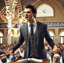 Man of dunya yelling in front of room of people