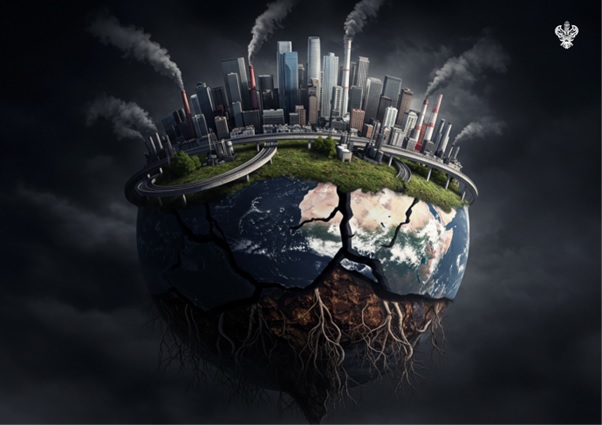 Cracked Earth holding buildings and pollution