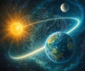 Earth, moon and sun on galaxy background