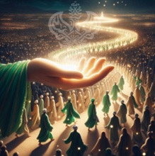 Enlightened hand over crowd following lit path
