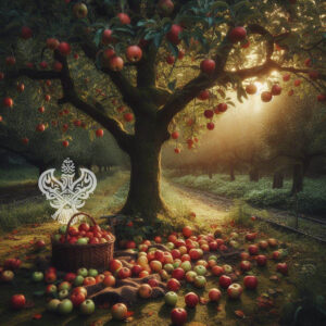 Apple tree standing with fallen apples on ground