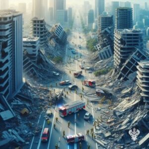 Street surrounded by fallen buildings and destruction