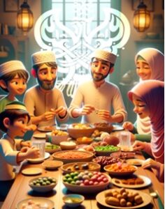 Family gathered at table of food to eat