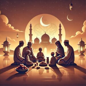 Family sitting fasting with dates nearby