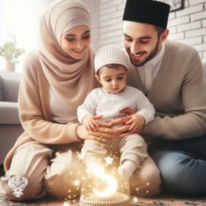 Family looking down happily at starry lights