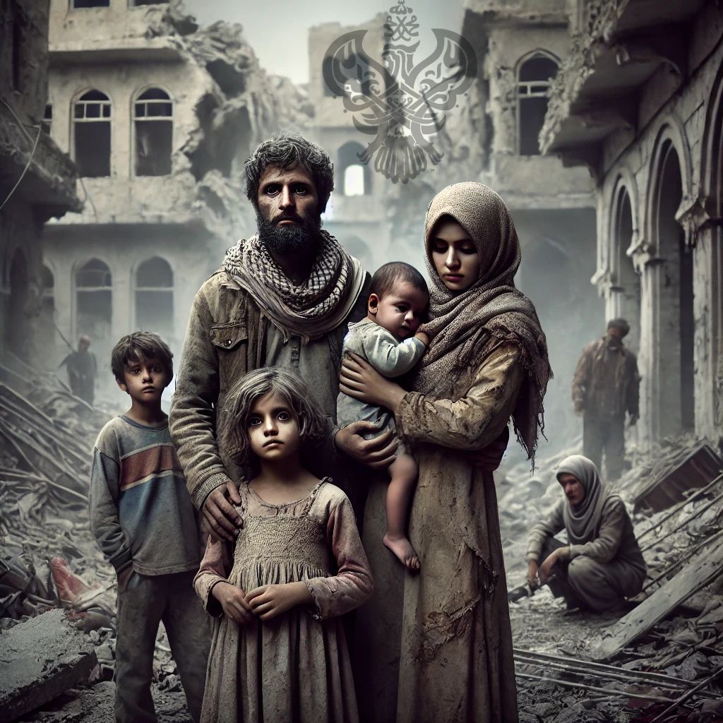 Family standing in war conditions