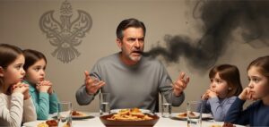 Father backbiting at the dinner table with children