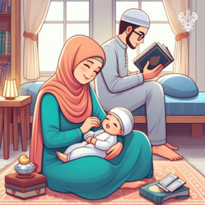 Father reads Holy Qur'an while mother plays with baby