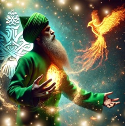 Fiery phoenix emerging from man's chest