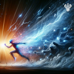 Negative figure running from heavenly beings