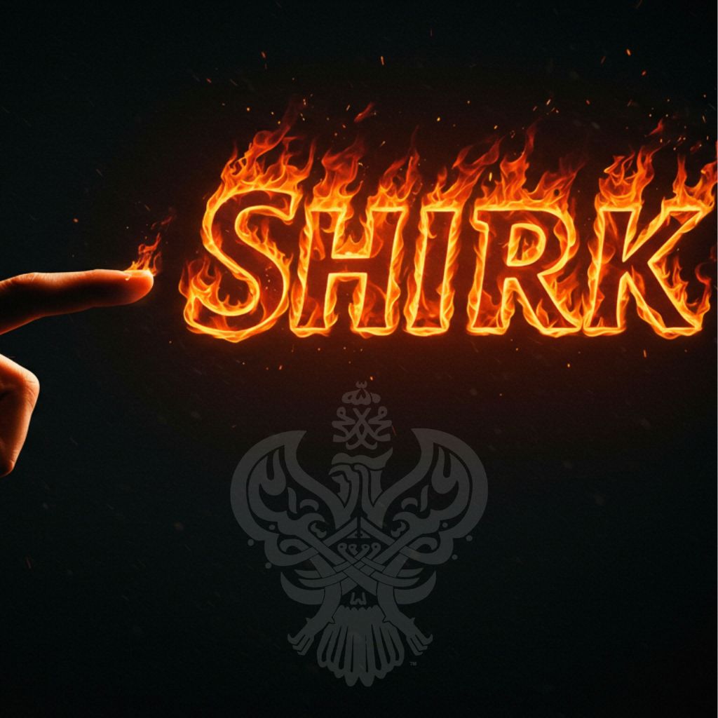 Finger pointing at flaming "shirk"