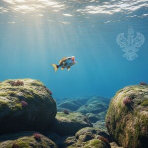 Small fish drinking big ocean with rocks sitting at bottom