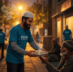 FZHH volunteer handing food container to needy
