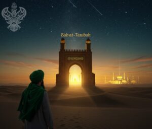 Sufi mureed walking at dusk towards gate of repentance