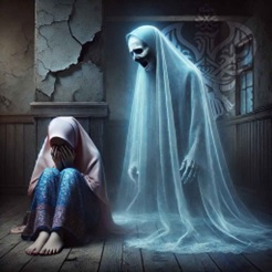 Ghostly figure standing behind crying woman