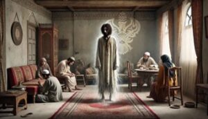 Ghostly man standing in room of people