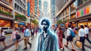 Ghostly man among crowd of people